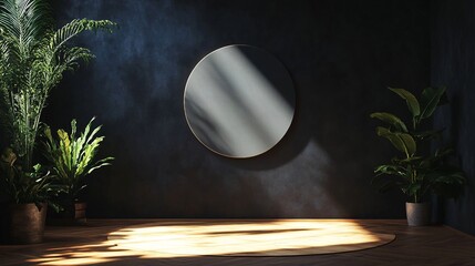 Poster - Sunlight illuminating empty dark room with plants and round frame