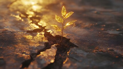 Aufkleber - Tiny Plant Growing from Cracked Ground with Glowing Light at Sunrise