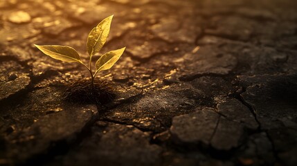 Poster - Young Plant Growing Between Cracked Soil in Warm Golden Light