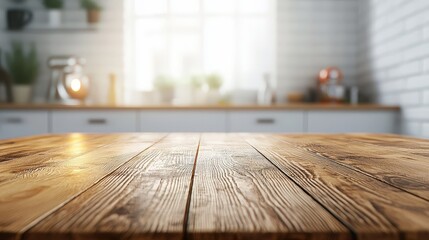 Wall Mural - Wooden table top with rich grain detail and blurred background for interior design and product photography