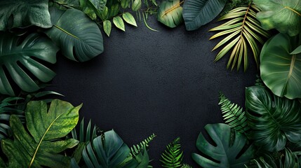 Poster - Tropical green leaves creating a frame on black background
