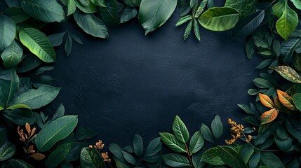 Poster - Creative layout made of green and orange leaves framing a dark background