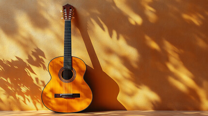 Poster - classic wooden guitar on warm beige background