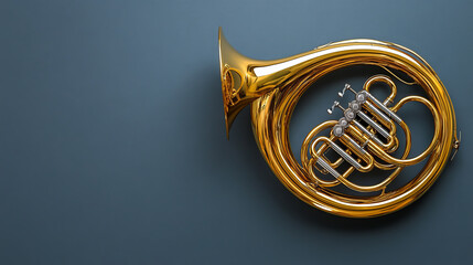 Poster - Golden French horn on minimalist background, showcasing elegance