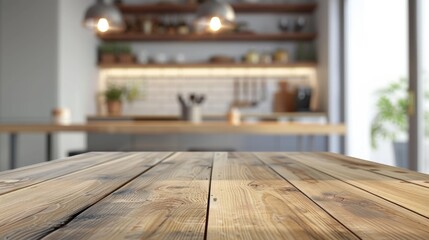 Wall Mural - Blurred modern kitchen interior with a lovely empty wooden table