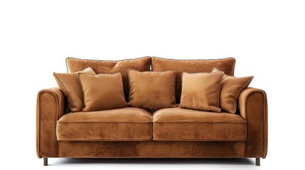 Poster - Brown sofa with velvety pillows on white backdrop.