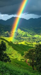 Poster - A brilliant rainbow stretches across a stunning green valley, illuminating the verdant hills and surrounding foliage. Sunlight breaks through clouds, enhancing the vibrant colors of nature