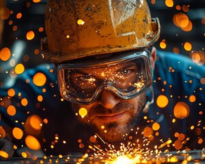 Poster - Hardworking Worker Lighting Welding Torch Sparks Flying as They Cut Through Metal with Goggles Glowing in the Light