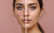 © Qeeraw - Portrait of a beautiful European woman with acne before and after treatment, showing healthy skin transformation. Closeup photo of female acne-prone skin problem with pimples and red acne scars