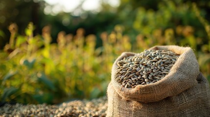 Wall Mural - Sunflower seeds in burlap sack with field background and copy space.