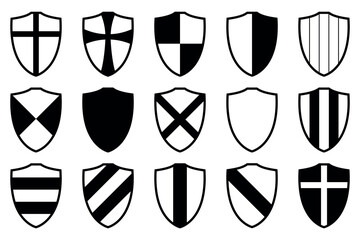 Wall Mural - shield, black and white vector silhouette illustration of shields shape, isolated on white, icon set