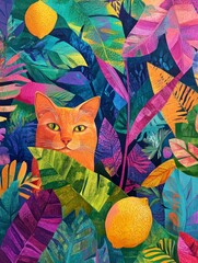 Wall Mural - A vibrant jungle scene with exotic leaves and flowers, featuring an orange cat surrounded by lush foliage. The background is filled with bright colors like green, pink, purple, yellow, and blue