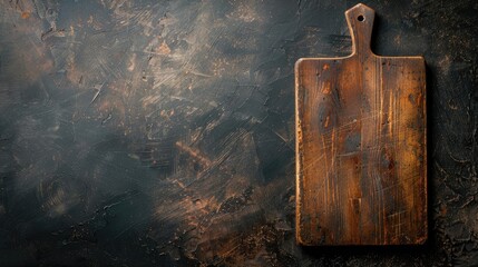 Canvas Print - Top-down image of weathered cutting board on dark surface with space for text.