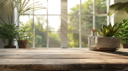 Wall Mural - Wooden table with space for decoration in blurred home interior with large window, boho style.