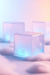 Canvas Print - Three translucent ice cubes with a soft blue glow are nestled among fluffy clouds, creating a tranquil and artistic composition. The gentle colors evoke a cool, calming atmosphere