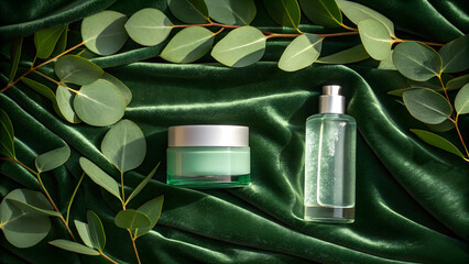 Skincare products on green velvet with eucalyptus leaves, luxury beauty display, organic cosmetic packaging, natural skincare concept, elegant self care setup