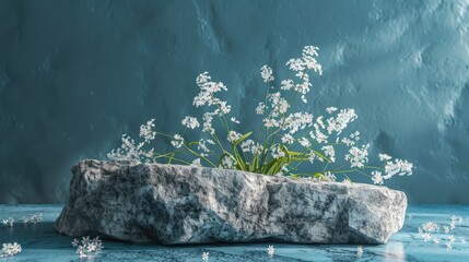 Poster - Granite base with white flowers on blue backdrop. Stone platform for natural design idea. Centered composition with bright lighting.