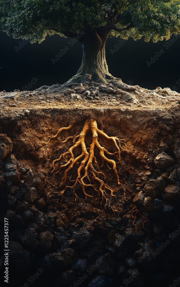 Hyper-Realistic Cross-Section of Tree Roots Underground with Warm Brown ...