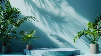 Wall Mural - Minimal nature scene with stage and podium on blue background for cosmetic product display.