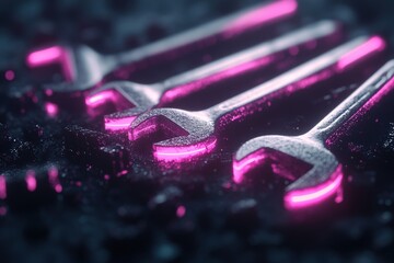 Poster - A collection of shining metallic tools is illuminated with a vibrant glow against a dark backdrop. The sleek surfaces reflect light, creating an eye-catching contrast and artistic appeal