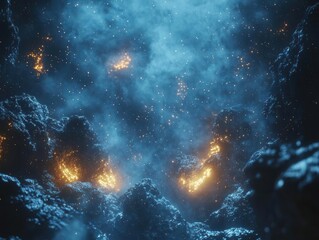 Wall Mural - a mesmerizing asteroid field in deep space, glowing crystalline fragments drifting through cosmic vo