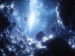 Wall Mural - a mesmerizing asteroid field in deep space, glowing crystalline fragments drifting through cosmic vo
