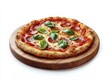 © Bijac - a rustic neapolitan pizza with blistered crust and fresh basil leaves, served on weathered olive wood board, dramatic side lighting, photorealistic detail, isolated on pure white