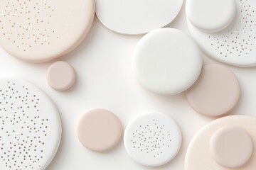 Poster - A variety of overlapping circular shapes in shades of white and soft pastel colors create an abstract composition. The soft textures and gentle hues evoke a sense of calm and serenity