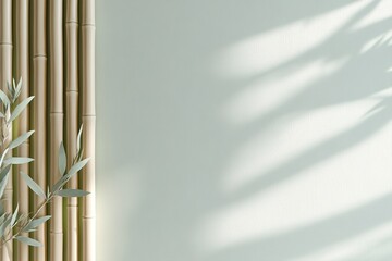 Poster - Tall bamboo slats rise vertically, softly contrasting with pale walls while shadows play across the surface. Delicate foliage enhances the tranquil ambiance, inviting calmness