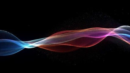 Poster - Colorful wave particles flowing in space. Abstract digital art with dynamic lines and dots. Futuristic light effect on black background. Elegant motion graphic for technology presentations