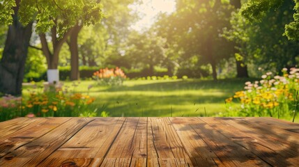 Wall Mural - Wooden table with green garden background, empty shelf, desk, and park scenery in spring and summer