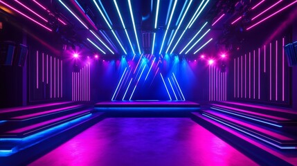 Poster - Neon light corridor background. Abstract led and laser stage in futuristic club room. Empty dance concert hall for fashion party. Cyber interior bg with catwalk and glow line in red and blue.