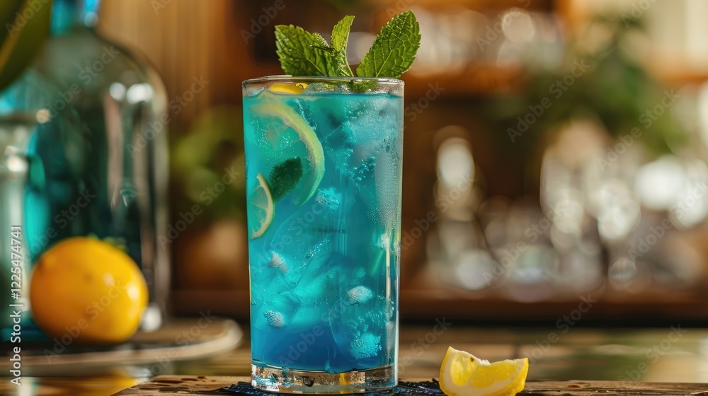 Blue kamikaze drink in tall glass garnished with mint and lemon slice ...
