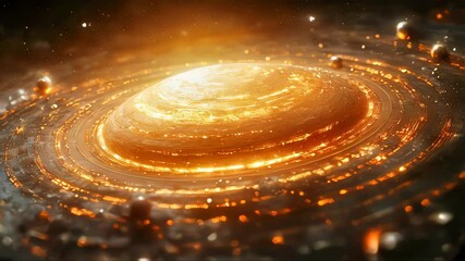 Poster - A vibrant digital illustration of the solar system with planets orbiting a radiant golden core, representing cosmic beauty and astronomy