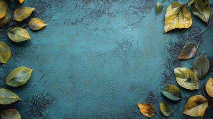 Aufkleber - Autumn leaves bordering textured teal background creating copy space