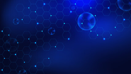 Fototapete - Hexagon pattern with blue bubbles and glowing particles on dark blue background