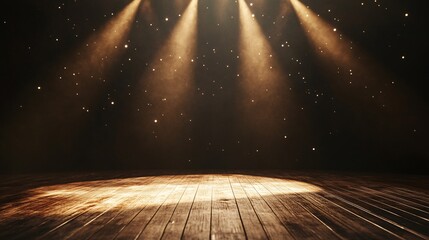 Poster - Spotlights illuminating wooden stage in dark empty room with falling glitter particles