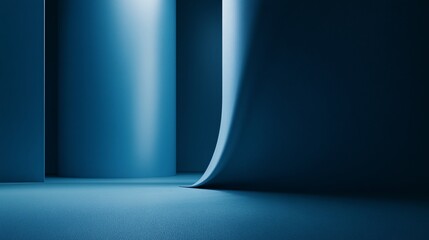 Poster - Blue abstract minimalist background with cylinder and curtain