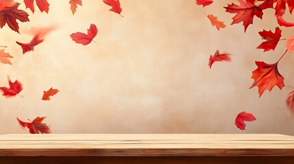 Wall Mural - Abstract background with an empty wooden table and red autumn leaves on a beige wall