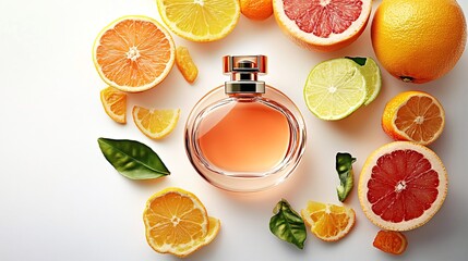 Elegant perfume bottle surrounded by fresh citrus fruits and leaves