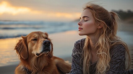 Aufkleber - A woman with long hair relaxed on the beach beside a golden retriever during sunset. The calm waves create a peaceful atmosphere as they enjoy the moment together.