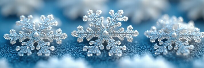 Poster - Delicate snowflakes arranged in a beautiful lacy pattern on a tranquil winter backdrop