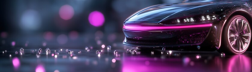Poster - A striking silhouette of a modern car glows with vibrant neon lights, creating an eye-catching scene. The reflective surface enhances the bright colors amid a dark urban backdrop