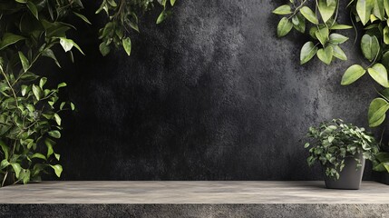 Poster - Empty wooden table with plants on a black concrete wall background