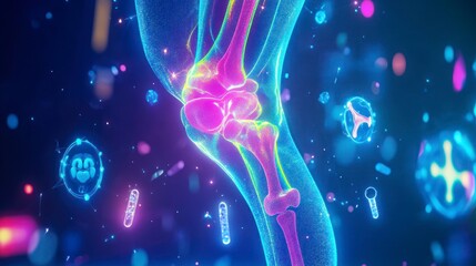 Wall Mural - Vivid vector illustration of a human knee with colorful bone and surrounding aura-like elements, surrounded by icons for vitamins B6 and calcium, bright blue background, 3D rendering style
