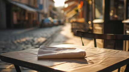 Canvas Print - Linen napkin on table with street cafe backdrop.