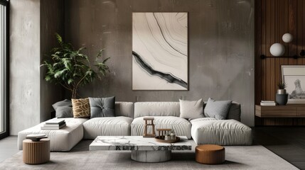 Wall Mural - Living room interior design with mock up poster frame, marble coffee table, modular sofa, beige coffee table, wooden consola, and personal accessories.