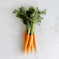 Bunch of fresh carrots with green tops on a marble surface in bright natural light isolated on a white background