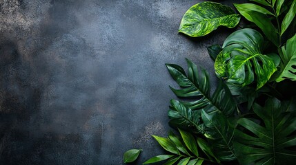 Poster - Tropical green leaves arranged on dark background creating empty space