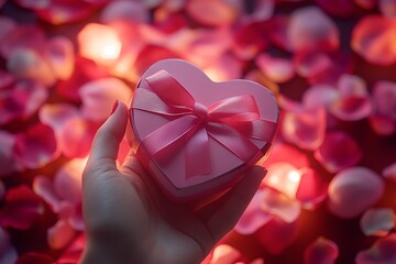 Fototapete - A hand gracefully holding a heart-shaped gift box with a ribbon, symbolizing love and affection, perfect for Valentine's Day themes.

